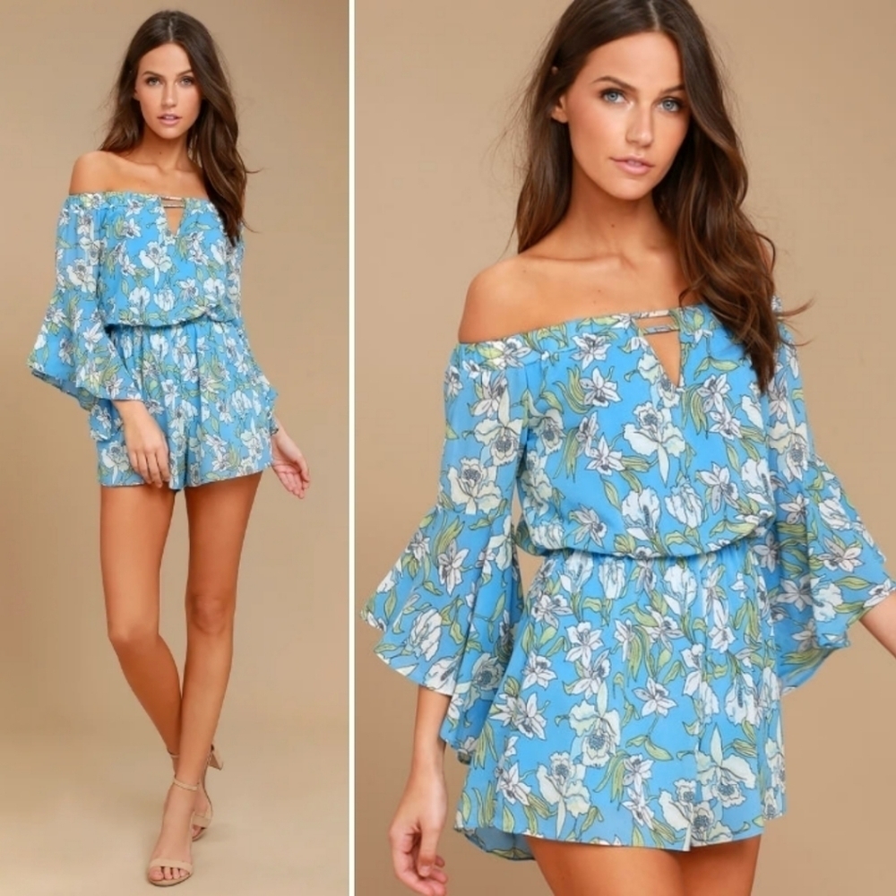 Lulu's Blue Floral Off-Shoulder Romper